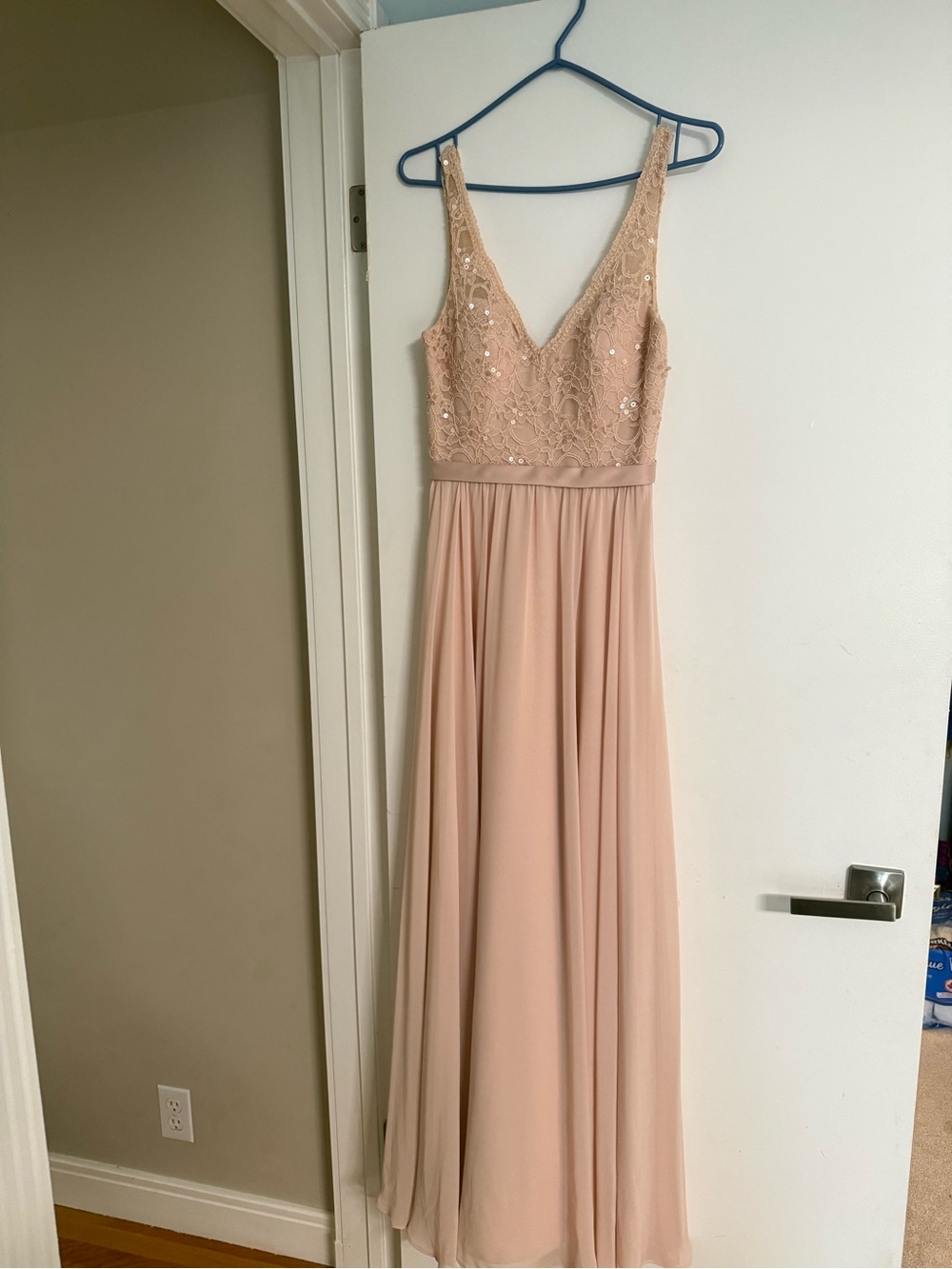 Elegant V-Neck Blush Lace Bodice Maxi Dress